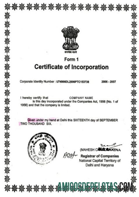 Exemplo de certificado de incorporação da Índia